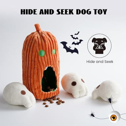 Nocciola Halloween Dog Toys 4 PCS, Pumpkin + 3 Skull Squeaky Dog Toy for Small Puppy Dog to Keep Them Busy, Durable Plush Hide and Seek Dog Toys for Small Medium Dogs - style: Pumpkin & Skulls