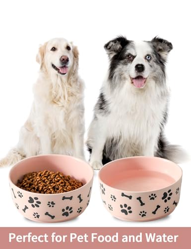 UBEE Ceramic Dog Bowl Set of 2, 6.5 inch Dog Food Bowl Dish with Bone Paw Pattern, Pet Food Water Dish Feeding for Small and Meidum Dogs and Large Cat, Pink - color: Pink-dog paw, size: 6.5 inch x 2