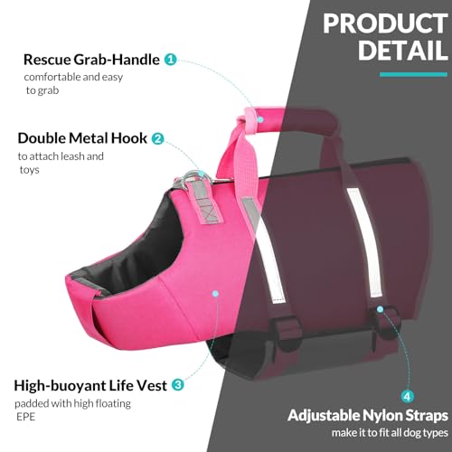 Queenmore Small Dog Life Jacket - Adjustable Reflective Lifesaver Vest with Back Zip, Rescue Handle, Leash Hook (Fuchsia S) - color: Fuchsia, size: Small