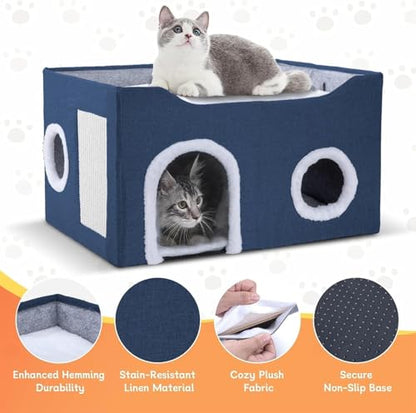 Cat House for Indoor Cats – Foldable Cat Cave & Covered Cat Bed, Cozy Hideaway for Small Pets and Large Cats (23.6"x16"x12.8"),Navy Blue - style: Navy Blue