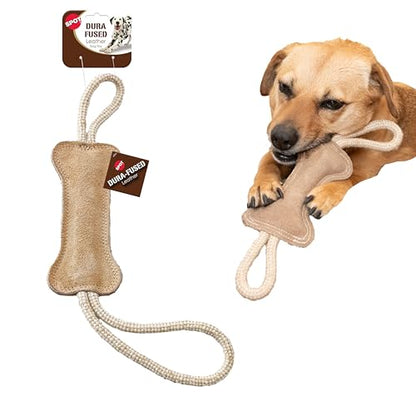 SPOT Dura-Fused Leather Bone Tug Dog Toy – Durable Real Leather & Jute Chew Toy with Double Rope Handles & Squeaker, For Moderate Chewers, 18in - size: 18 in