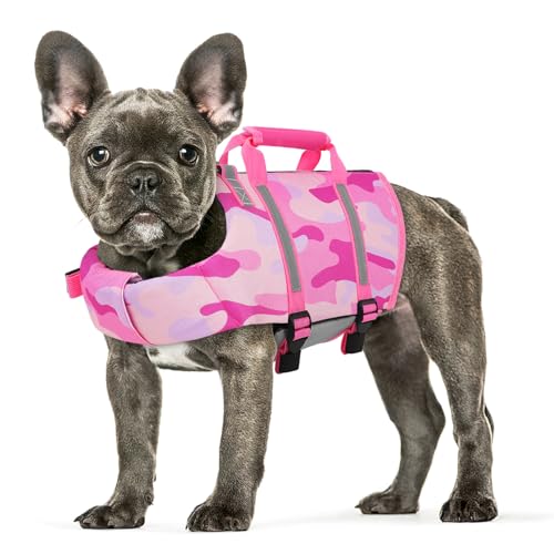 Queenmore Dog Life Jacket, Dog Life Vest for Swimming, Adjustable Reflective Pet Lifepreserver with Rescue Handle, High Buoyancy Puppy Life Vest for Boating, Cat Lifesaver (PinkCamo, XS) - color: PinkCamo, size: X-Small