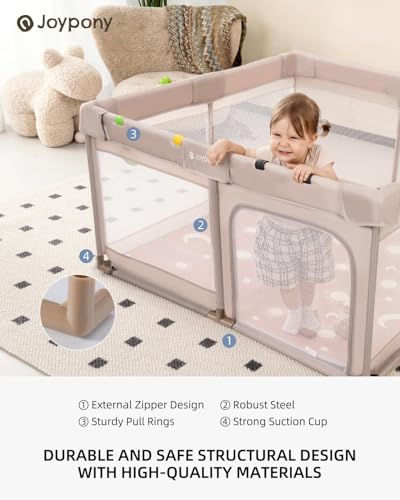 Joypony Baby Playpen with Mat, 50x50 in Small Play Pen for Babies, Toddler Playpen for Apartment, Indoors Play Yard with Soft Breathable Mesh (Beige with Mat) - color: Beige with Mat
