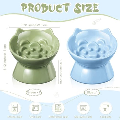 Funnymoom 2 Pcs Ceramic Raised Slow Feeder Cat Bowl, 5.91inch Elevated Cat Slow Feeder Bowl Tilted Anti Vomiting for Dry Wet Food and Water Easy to Clean High Edge(Green, Blue) - color: Green, Blue