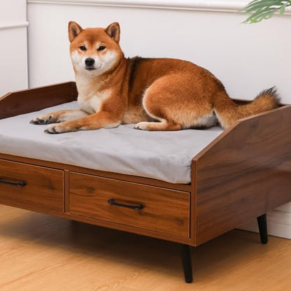 Elevated Dog Bed for Small to Medium Dogs – 32” x 21” Indoor Wooden Pet Sofa with Soft Cushion, Mid-Century Modern Style, Sturdy & Stylish (Walnut) - color: Grey