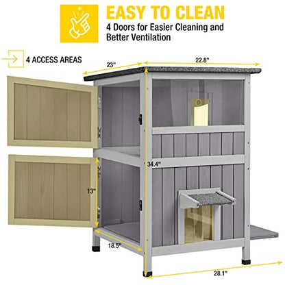 Aivituvin 2-Story Outdoor/Indoor Cat House - Solid Wood Kitty Condo with Escape Door, Removable Floors, Weatherproof Asphalt Roof & Sun Balcony