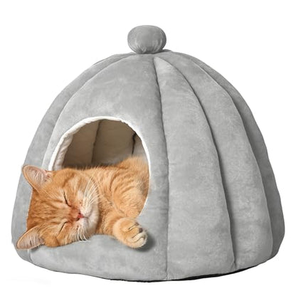 Cat Bed for Indoor Cats - Adorable Cozy Pumpkin Cat Cave with Removable Cushion, Super Soft Pet House Tent for Kittens & Small Pets, Warm & Washable Non-Slip Design(S 15 inch, Light Gray) - style: Grey
