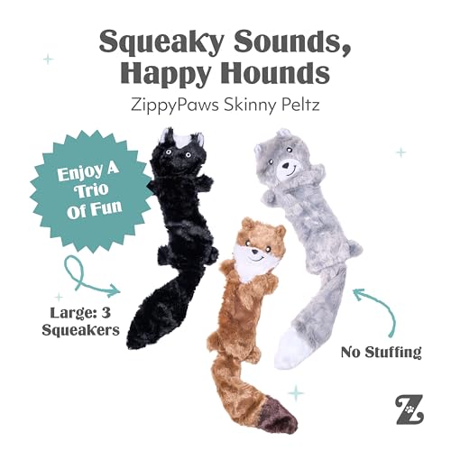 ZippyPaws Skinny Peltz - No Stuffing Dog Toy Pack to Keep Them Busy, for Medium and Large Dogs, Squeaky Pet Toys, Unstuffed Chew Toys, Soft Plush Variety Pack, Weasel, Skunk, and Wolf - 18" - style: Weasel, Skunk, Wolf - Large (3-pack)
