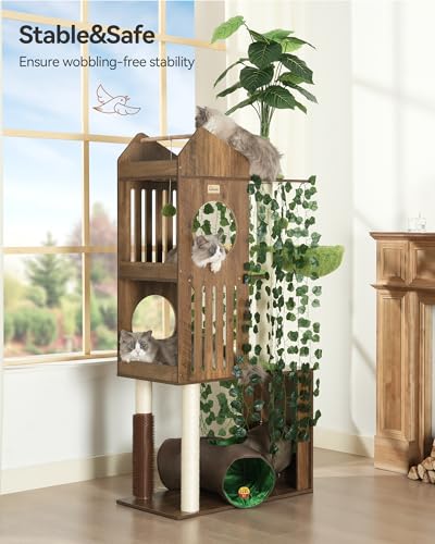 FourFurPets Large Cat Tree with Leaves, 72.8-Inch Cat Tower for Indoor Cats, Modern Cat Tree with Scratching Post, Large Perch, Tunnels, Swing Ball, Self Groomer, Greige - color: Greige