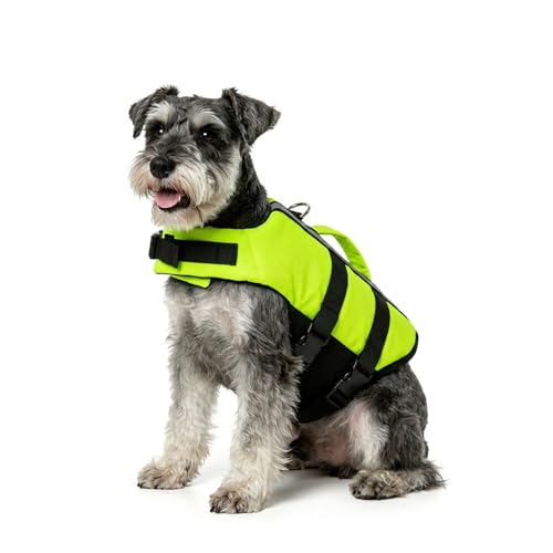 Neon Green Dog Life Jacket for Medium Breed with Rescue Handle, High Visibility & Adjustable Pet Life Vest, Safety Buoyancy Vest for Swimming, Boating, Kayaking & Water Sports, M - size: Medium