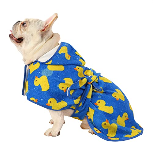 HDE Dog Bathrobe Super Absorbent Quick Drying Puppy Towel Wrap Coat Adjustable After Bath Robes with Hood for Dog Sizes S-XXL Blue Rubber Ducks S - color: Blue Rubber Ducks, size: Small