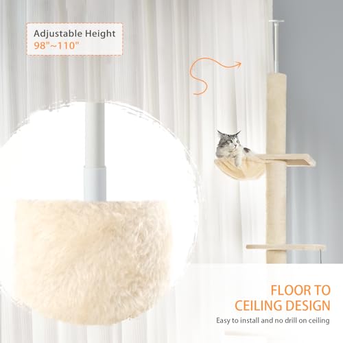 5-Tier Floor-to-Ceiling Adjustable Cat Tower, 98-110 Inch Tall Cat Tree with Cozy Rest Bed, Multi Platforms & Natural Sisal Scratching Posts, Indoor Cat Activity Play Structure, Beige - color: Beige