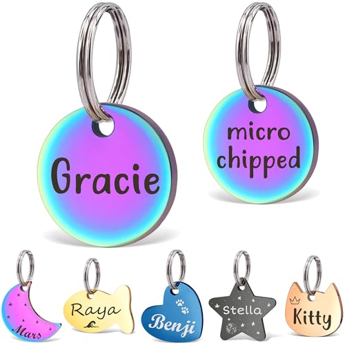 Anavia Small Size Dog Cat ID Tags, Small/XS Personalized Color Plated Stainless Steel Puppy Kitten Name Tags, Customized Engraved Nameplate Pet Collar Tag (Rainbow, XS-Round) - color: Rainbow, size: XS-Round