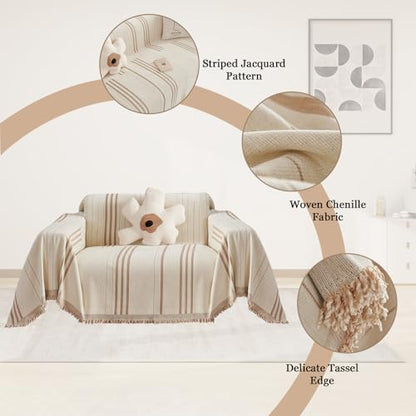 Chenille Armchair Cover Jacquard Sofa Covers Washable Furniture Protector Recliner Couch Cover 1 Cushion Reversible Chair Cover Beige Coffee Striped Couch Cover Blanket 71"x 71" - color: A0# Beige/Coffee - Striped, size: Medium 71" x 71"