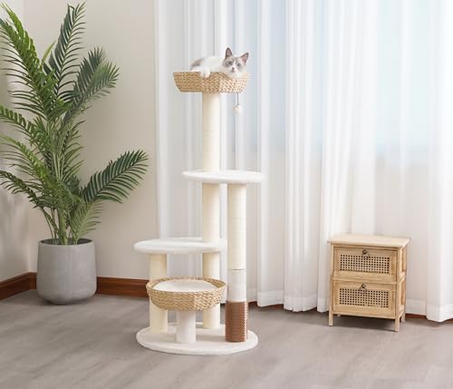 PetPals® Pharaoh 5-Level Cat Tree with Recycled Paper Rope Baskets, Sisal Scratching Posts, Teaser Toy, Massager, Eco-Friendly Boho Cat Furniture for Cats Up to 15 lbs - color: Beige