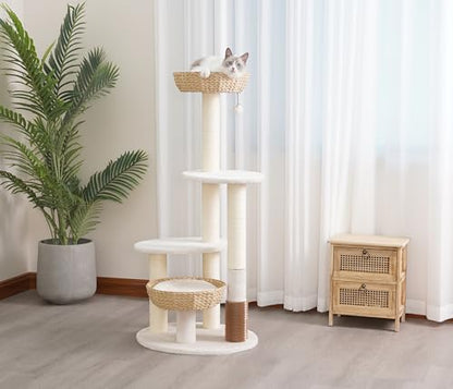 PetPals® Pharaoh 5-Level Cat Tree with Recycled Paper Rope Baskets, Sisal Scratching Posts, Teaser Toy, Massager, Eco-Friendly Boho Cat Furniture for Cats Up to 15 lbs - color: Beige