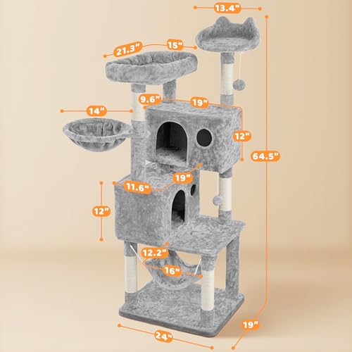 Yaheetech 64.5in Extra Large Multi-Level Cat Tree Kittens Play House Condo with Platform, Perch Hammock & Scratching Posts, Light Gray - color: Light Gray, size: 64.5in