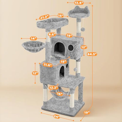Yaheetech 64.5in Extra Large Multi-Level Cat Tree Kittens Play House Condo with Platform, Perch Hammock & Scratching Posts, Light Gray - color: Light Gray, size: 64.5in