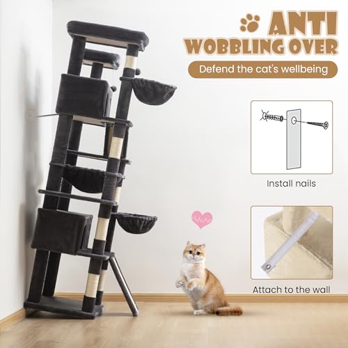 SHA CERLIN 81in Multi-Level Tall Cat Tree Tower for Indoor Kitties/Larger Cat Condo Furniture with Hammock/Cozy Pussycat Perches/Sisal Scratching Posts/Pet House/Wide Base/Dark Grey - color: Dark Grey