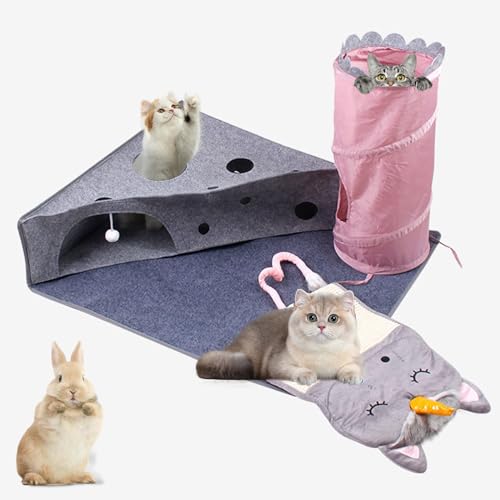 Cat Tunnel for Indoor Cats Peekaboo, 2-in-1 Interactive Cat Enrichment with Ball Toys, Large Felt Mat, Scratch Resistant Cats Activity Play Mats for Multiple Kittens, Dogs【Pink】
