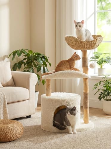 MUTTROS Modern Cat Tree Tower for Large Cats, Wood Cat Tower with Natural Scratching Post, Solid Wood Condo, Real Branch Luxury Cat Furniture with Curved Bed, Top Basket, White - color: Cloud White, size: 38" Solid Wood Cat Tree