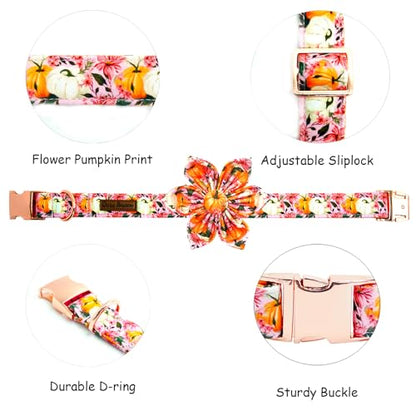 Fall Dog Collar, Pink Flower Pumpkin Print Adjustable Pet Collar Cute Cotton Soft Collars with Flower Metal Buckle Holiday Puppy Collars Boy&Girl Gift for X-Small Dogs - color: B:Fall Pumpkin, size: X-Small (Pack of 1)