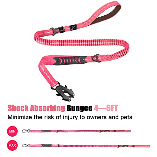 Raipult Tactical Dog Leash Heavy Duty, 4-6FT Shock Absorbing Bungee Leash with Quick Release Clip& 2 Handles, No Pull Waking Lead with Car Seatbelt for Medium Large Dogs that Pull,Pink - color: Hot Pink