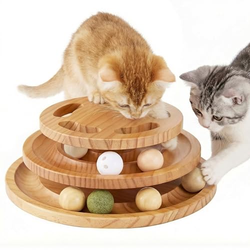 ZOMISIA Cat Ball Track Toy with Puzzle Top, Extra Large Wooden Cat Toys for Indoor Cats with Spinning Balls, Interactive Cat Ball Tower for Kitten Exercise Mental Physical - size: Extra Large Size