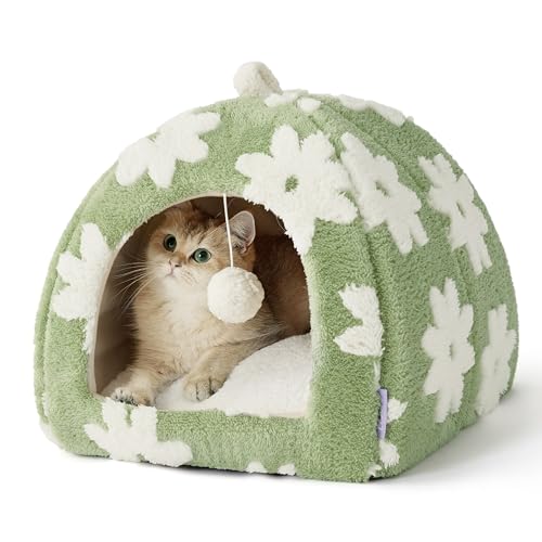 Lesure Cute Cat Beds for Indoor Cats - 2 in 1 Cat Cave Bed for Kittens and Small Pets with Removable Washable Cushioned Pillow, Cozy Ktten Tent with Non-Slip Bottom, Green, 16 inches - color: Flower Garden Green, size: 16"L x 16"W x 16"Th