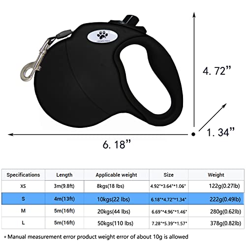 13 ft Retractable Dog Leash for Large Dogs up to 26 lbs,Tangle-Free Nylon Tape,Black S - color: black, size: Small