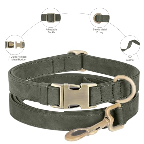 Genuine Leather Dog Collar - Adjustable Pet Collar with Quick Release Metal Buckle, Soft Skin Friendly Real Leather Collar for Small, Medium, Large Dogs (Dark Green Collar + Rope, S：Fit 8-16" Neck) - color: Dark Green Collar + Rope, size: S：Fit 8-16" Neck