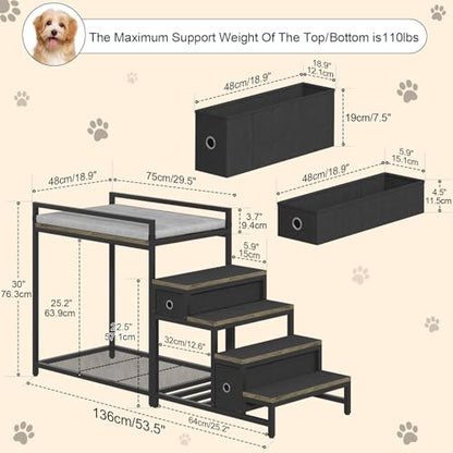 Saudism Pet Bunk Bed with Removable Stairs and 2 Drawers, Dogs/Cats Window Perch, Dog Window Seat with Soft Cushion, Ultra-Shallow Steps, Sturdy Metal Frame, Non-Slip, Load Capacity 60 LBS - color: Grey