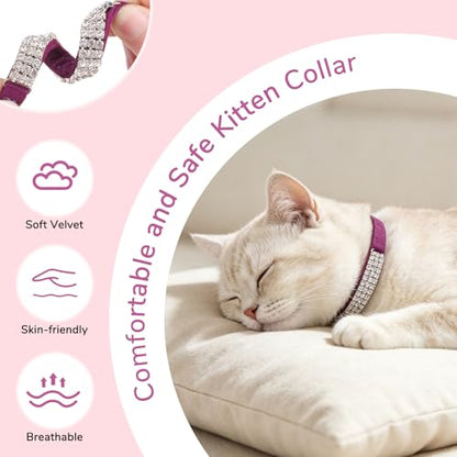 BINGPET Diamond Cat Collar with Bell, Adjustable Soft Velvet Bling Rhinestone Cat Collar, Sparkly Kitten Collar with Safety Elastic & Metal Buckle for Small Medium Cats - color: Purple(Rhinestones), size: Neck Girth 8"-10"