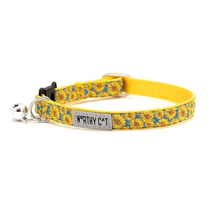 THE WORTHY DOG Patterned Sunflowers Cat Collar with Bell, Adjustable Nylon Safety Collar, Blue, One Size - color: Blue-Sunflowers