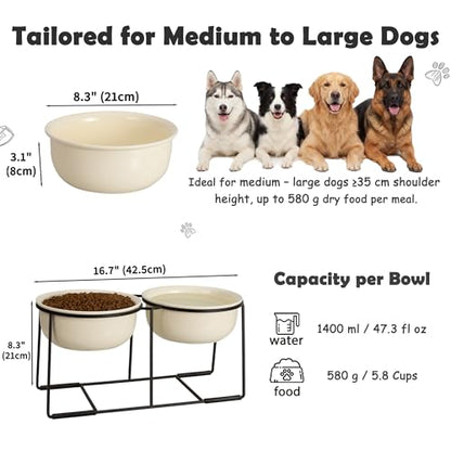 Ceramic Elevated Dog Bowl Set - Raised Double Feeding Bowls with Metal Stand - Pet Dishes for Medium and Large Dogs - 5.8 Cups - 47.3 fl oz - Beige - color: Beige, size: XL-800ml