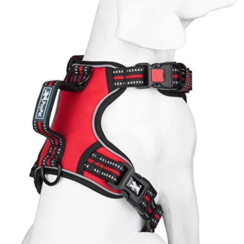 PoyPet No Pull Dog Harness, No Choke Front Clip Reflective Dog Vest with Soft Padded Vertical Handle, 3 Leash Attachments for Small Medium Large Dogs (Red,L) - color: Red, size: Large