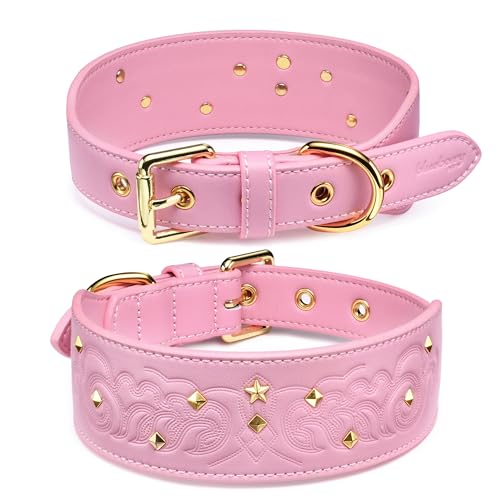 Blueberry Pet Premium Embossed Pink Glam Silver-Powered Freshness Microfiber Leather Dog Collar with Gold Studs - color: Pink, size: Medium