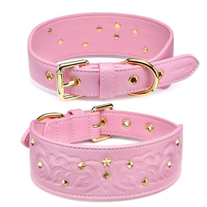 Blueberry Pet Premium Embossed Pink Glam Silver-Powered Freshness Microfiber Leather Dog Collar with Gold Studs - color: Pink, size: Large