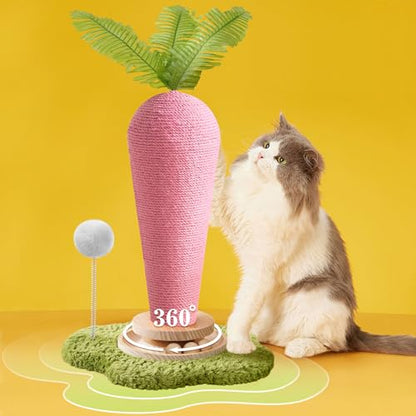Cute Cat Scratching Post, Carrot Cat Scratcher Post with Durable Natural Wooden Turntable Toy and Catnip, 24'‘ H Carrot Shape Design Sisal Cat Tree Sisal Scratcher for Indoor Cats (Cloud Base) - color: Pink Carrot