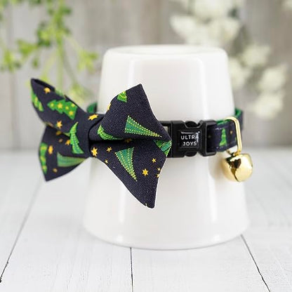 Ultra Joys Cat Collar - Breakaway with Bells, Bowtie & Christmas Tree Pattern - Small Kitten & Cat Collar - color: Christmas Tree-Bowtie Collar, size: Small