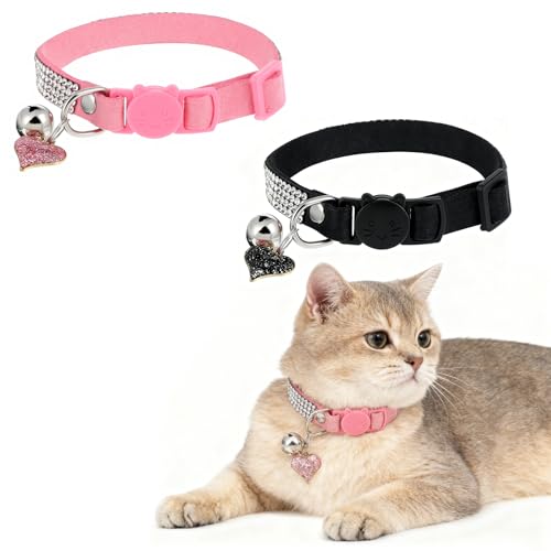 2 Pack Rhinestone Kitten Collar with Bell, Cat Collar with Rhinestone Bell, Adjustable Soft Fancy Bling Safety Cute Comfy Diamond Collars for Tiny Cats, Small Dogs, Rabbits (Pink, Black)