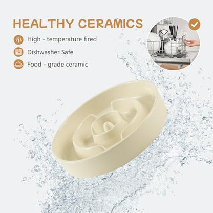 Havniva 6.1” Raised Slow Feeder Dog Bowls Set, 0.9 Cups Ceramic Slow Feeder Dog Bowl and 6.1” Dog Water Bowl with Elevated Wooden Stand Puzzle Dog Food Bowl for Small Dogs Anti-Gulping & Anti-Choking - color: 2 x Light Yellow+Stand-A, size: 6.1inch-New