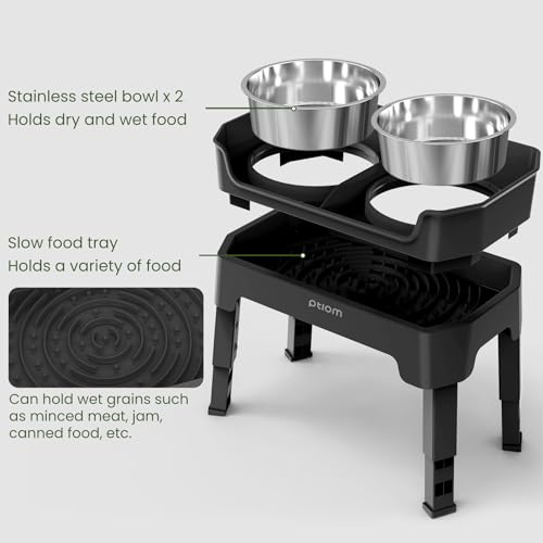 KPWACD 3-in-1 Elevated Dog Bowls Mess Proof Raised Slow Feeder Dog Bowls, 4 Height Adjustable Stand Licking Plate with 2 56oz Stainless Steel Doggy Food Dish for Small Medium Large Pets - color: Black, size: 2 Stainless Steel Bowls + Slow Feeder