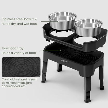 KPWACD 3-in-1 Elevated Dog Bowls Mess Proof Raised Slow Feeder Dog Bowls, 4 Height Adjustable Stand Licking Plate with 2 56oz Stainless Steel Doggy Food Dish for Small Medium Large Pets - color: Black, size: 2 Stainless Steel Bowls + Slow Feeder