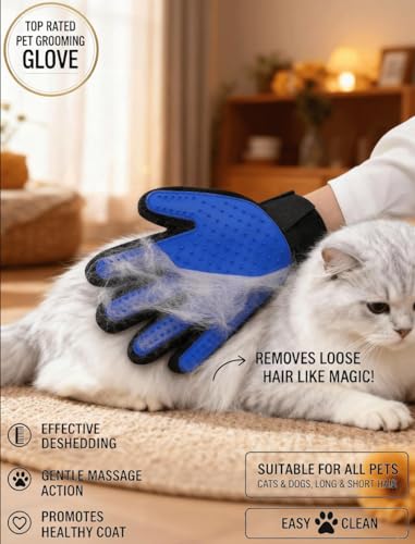 MEUOMIW Pet Grooming Glove for Dogs & Cats, 2-in-1 Pet Hair Remover Glove & Deshedding Brush, Gentle Massage Mitt for Shedding Control and Bathing, Safe for Short/Long Hair (Blue, 1-Pack, Right-Hand)
