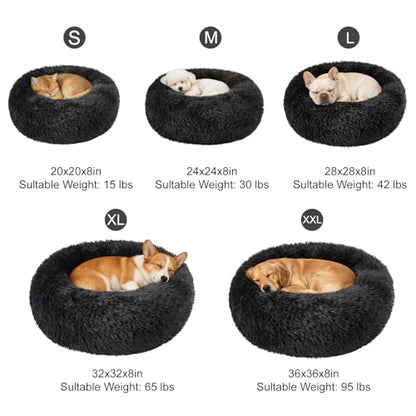 Dog Calming Beds for Small Medium Large Dogs - Round Donut Washable Puppy Dog Bed, Anti-Slip Faux Fur Fluffy Donut Cuddle Anxiety Cat Pet Bed(20" Black - color: Black, size: 20"L x 20"W x 8"Th
