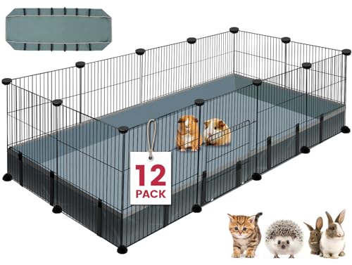 VISCOO 12 Panels Small Animal Playpen, 48" x 24" x 16" Pet Playpen with Waterproof Mat, C&C Cage for Guinea Pigs, Puppy Play Pen, Bunny Playpen, Indoor Outdoor Portable Metal Wire Yard Fence - color: Black, style: 12 Panels - 48"L x 24"W x 16"H