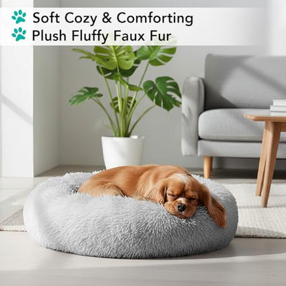 PetAmi Calming Dog Bed for Small & Medium Dogs and Cats, 23 Round Donut Dog Bed, Washable Fluffy Faux Fur Puppy & Cat Bed, Anti-Anxiety Plush Cuddler Pet Bed with Anti-Slip Bottom - Light Gray - color: Light Gray, size: Small - 23"