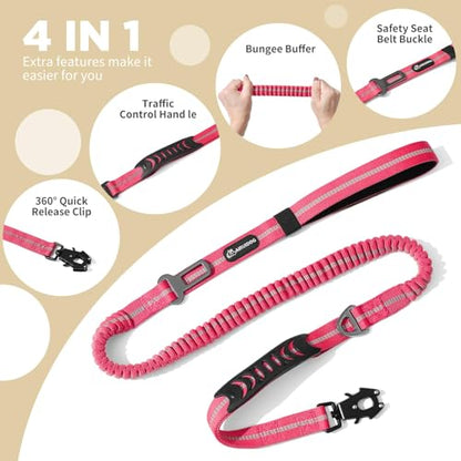 Heavy Duty Tactical Dog Leash, 4-6FT Shock Absorbing Bungee Lead with 2 Padded Handles, Metal Carabiner & Seatbelt Clip, Reflective No-Pull Leash for Medium/Large Dogs (Pink) - color: Pink