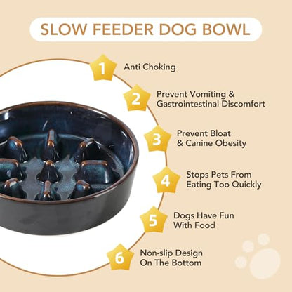 Havniva 1.2 Cup Elevated Slow Feeder Dog Bowls, 7.3” Dog Slow Feeding Bowls + 6.1” Ceramic Dog Water Bowls Set with Acacia Wood Stand, Dog Food Bowls Puzzle Feeder for Small Dogs Non-Slip Anti-choking - color: 2 x Starry Sky + Stand - C, size: M- 7.3inch